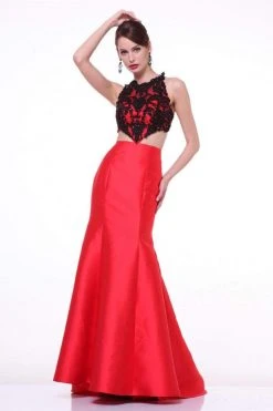 Cinderella Divine - 7640 Beaded Lace Halter Neck Satin Trumpet Dress 7 Cinderella Divine - 7640 Beaded Lace Halter Neck Satin Trumpet Dress