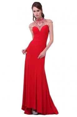 Formal Gowns Cinderella Divine - 8105 Beaded High Neck Stretch Knit Sheath Dress