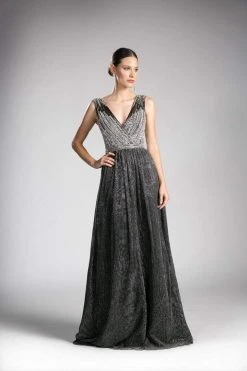 Formal Gowns Cinderella Divine - 8269 Metallic Rhinestone Embellished Ruched Gown