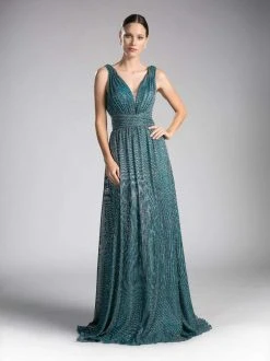 Formal Gowns Cinderella Divine - 8276 Plunging V-Neck Ruched A-Line Gown