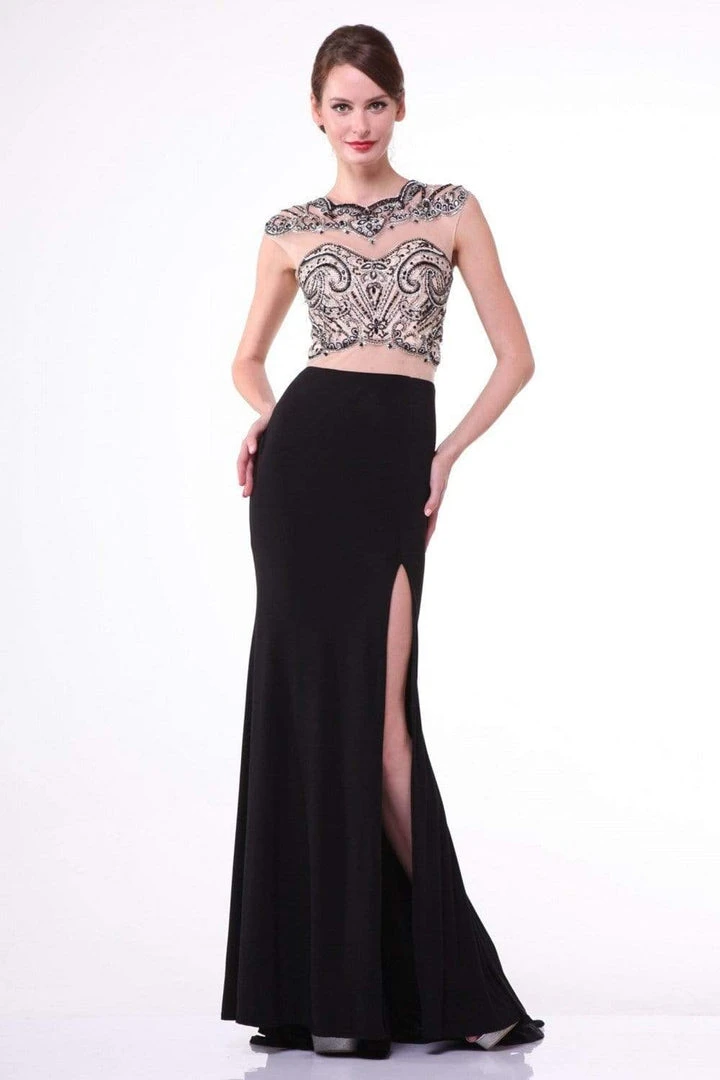 Cinderella Divine - 8786 Beaded Illusion Sheath Dress With Slit 3 Cinderella Divine - 8786 Beaded Illusion Sheath Dress With Slit