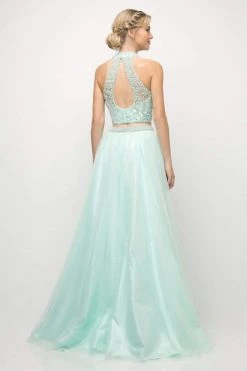 Cinderella Divine - 8994 Beaded Illusion High Halter A-Line Gown Formal Gowns