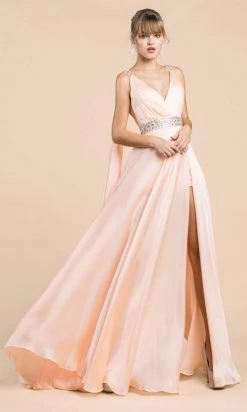 Cinderella Divine - A0065 Satin High Slit Caped Evening Gown