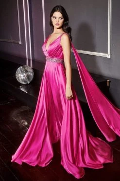 Cinderella Divine - A0065 Satin High Slit Caped Evening Gown