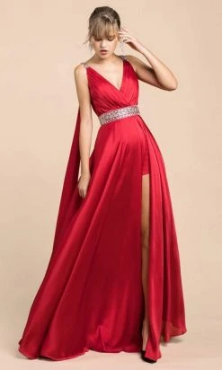 Cinderella Divine - A0065 Satin High Slit Caped Evening Gown