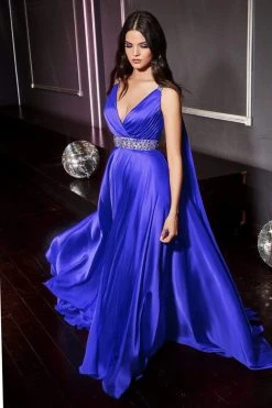 Cinderella Divine - A0065 Satin High Slit Caped Evening Gown