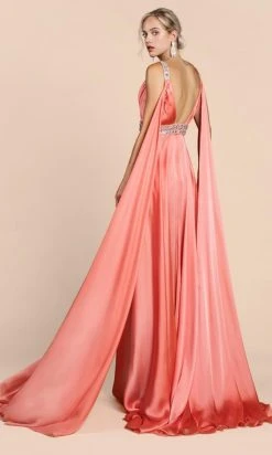 Cinderella Divine - A0065 Satin High Slit Caped Evening Gown
