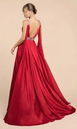 Cinderella Divine - A0065 Satin High Slit Caped Evening Gown