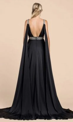 Cinderella Divine - A0065 Satin High Slit Caped Evening Gown