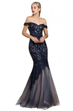 Cinderella Divine - A0401 Off Shoulder Lace Overlay Tulle Mermaid Gown Formal Gowns