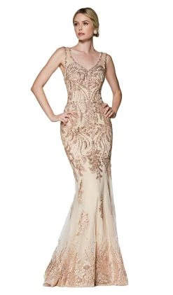 Formal Gowns Cinderella Divine - AM186 Embellished Lace V-Neck Dress