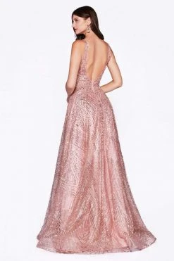 Cinderella Divine - AM258 Embellished Deep V-neck A-line Gown Formal Gowns