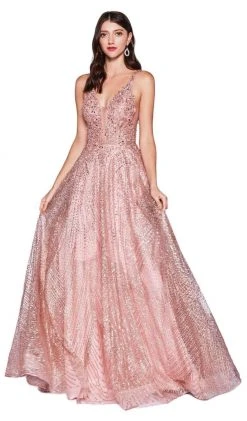 Cinderella Divine - AM258 Embellished Deep V-neck A-line Gown Formal Gowns