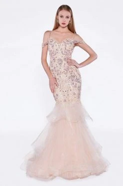 Cinderella Divine - CR776 Bead Embellished Ruffled Mermaid Evening Dress