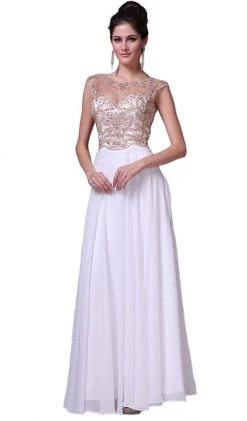 Cinderella Divine - Beaded Cap Sleeve A-line Chiffon Evening Gown Formal Gowns