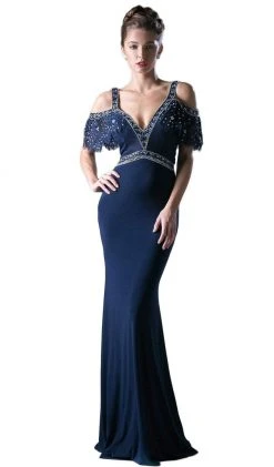 Cinderella Divine - Beaded Cold Shoulder Sheath Evening Gown Formal Gowns