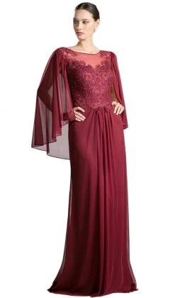 Formal Gowns Cinderella Divine - Beaded Lace Sheath Dress With Sheer Cape