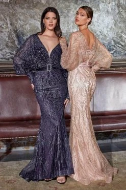 Cinderella Divine - Bishop Sleeve Glitter Evening Dress J821 Formal Gowns 7 Cinderella Divine - Bishop Sleeve Glitter Evening Dress J821 Formal Gowns
