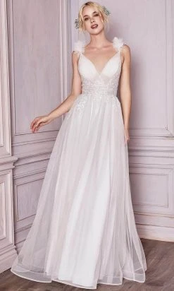 Cinderella Divine Bridal - Applique V-Neck Bridal Dress CD971W - 1 Pc Off White In Size 10 Available Formal Gowns