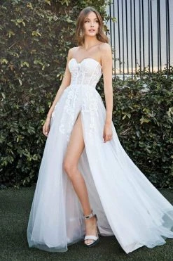 Formal Gowns Cinderella Divine Bridal - Strapless Bustier Applique Tulle Bridal Gown CB065W - 1 Pc Off White In Size 10 Available