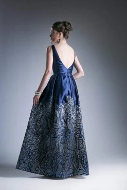 Cinderella Divine - C80142 Deep V Neckline Printed Satin Gown Formal Gowns