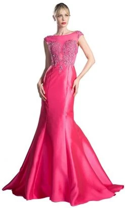 Cinderella Divine - 8984A Cap Sleeve Appliqued Plunging Illusion Gown Formal Gowns