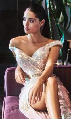 Cinderella Divine - CD158 Sequined Off-Shoulder Gown With Slit Formal Gowns