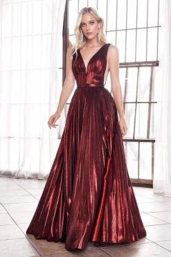 Formal Gowns Cinderella Divine - CD160 Deep V Neck High Slit Metallic Pleated Gown