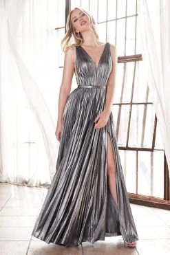 Formal Gowns Cinderella Divine - CD160 Deep V Neck High Slit Metallic Pleated Gown