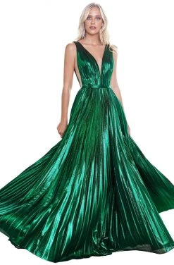 Formal Gowns Cinderella Divine - CD160 Deep V Neck High Slit Metallic Pleated Gown
