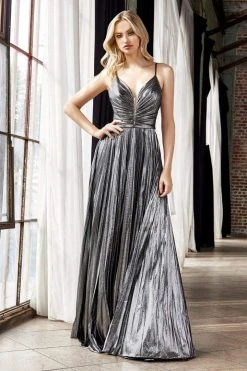 Cinderella Divine - CD161 Illusion Plunging Neck Metallic A-Line Dress