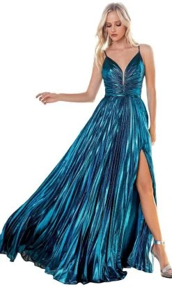 Cinderella Divine - CD161 Illusion Plunging Neck Metallic A-Line Dress