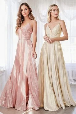 Cinderella Divine - CD161 Illusion Plunging Neck Metallic A-Line Dress