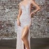 Cinderella Divine - CD187 Sequined Plunging V-Neck Dress With Slit Formal Gowns