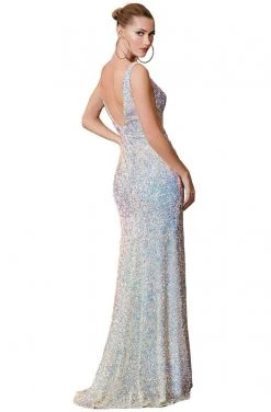 Cinderella Divine - CD187 Sequined Plunging V-Neck Dress With Slit Formal Gowns