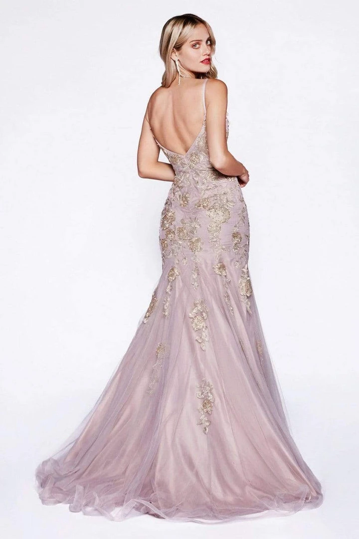 Cinderella Divine - CDS321 Gold Lace Applique Fitted Mermaid Gown 4 Cinderella Divine - CDS321 Gold Lace Applique Fitted Mermaid Gown