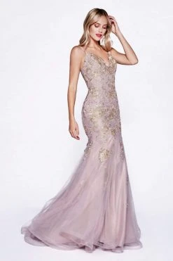 Cinderella Divine - CDS321 Gold Lace Applique Fitted Mermaid Gown 7 Cinderella Divine - CDS321 Gold Lace Applique Fitted Mermaid Gown