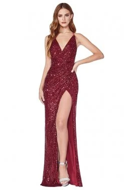 Cinderella Divine - CDS345 V Neck Strappy Open Back Fitted Sequin Gown Formal Gowns