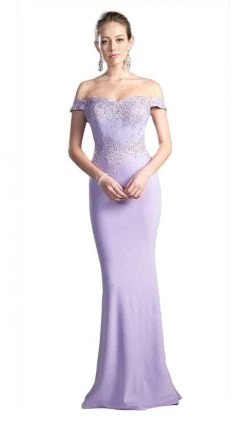 Cinderella Divine - CF158 Stretch Crepe Satin Off Shoulder Gown Formal Gowns