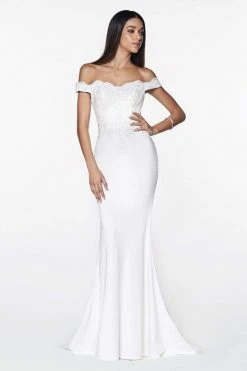 Cinderella Divine - CF158 Stretch Crepe Satin Off Shoulder Gown Formal Gowns