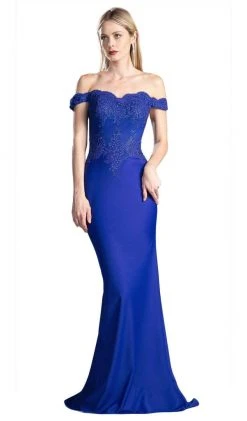 Cinderella Divine - CF158 Stretch Crepe Satin Off Shoulder Gown Formal Gowns
