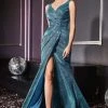 Formal Gowns Cinderella Divine - CF165 Metallic V-neck Sheath Dress With Slit 1 Formal Gowns Cinderella Divine - CF165 Metallic V-neck Sheath Dress With Slit