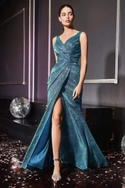 Formal Gowns Cinderella Divine - CF165 Metallic V-neck Sheath Dress With Slit