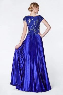Cinderella Divine - CF337 Lace Bateau Pleated A-line Dress Formal Gowns
