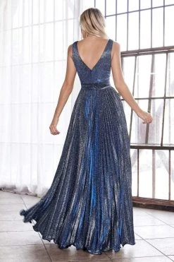 Formal Gowns Cinderella Divine - CH211 Plunging V-Neck Pleated Glitter Dress