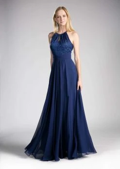 Formal Gowns Cinderella Divine - CJ228 High Halter Lace Bodice A-Line Evening Gown