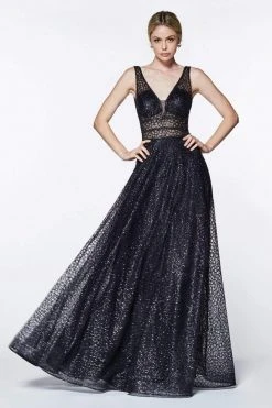 Formal Gowns Cinderella Divine - CJ256 V-Neck Glitter Print A-Line Prom Gown