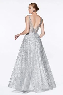Formal Gowns Cinderella Divine - CJ256 V-Neck Glitter Print A-Line Prom Gown