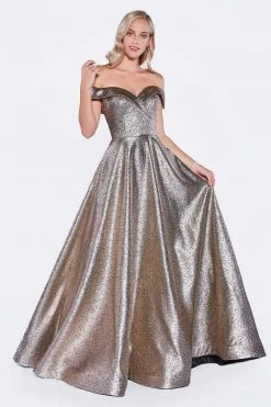 Cinderella Divine - CJ268 Glitter Off-Shoulder Ballgown With Pockets Formal Gowns