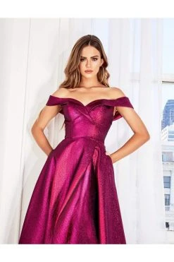 Cinderella Divine - CJ268 Glitter Off-Shoulder Ballgown With Pockets Formal Gowns